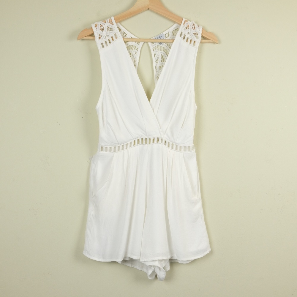 Tobi White Lace Open Back Ladder Trim Romper